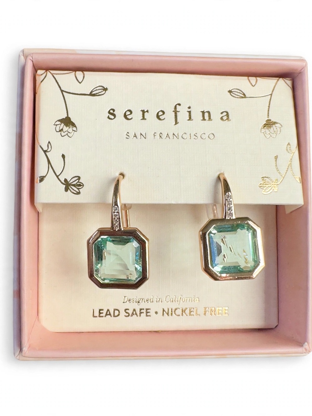 Serefina Gold Aquamarine Square Crystal Drop Earrings with 4-Crystal Accents